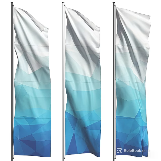 Three Blue And White Gradient Geometric Pattern Flags Fluttering On Flagpoles With Modern Design 3d model