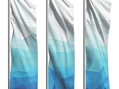 Three Blue And White Gradient Geometric Pattern Flags Fluttering On Flagpoles With Modern Design 3d model