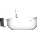 White Freestanding Bathtub With Modern Design And Metal Stand Glass Black Tray Gray Wall Floor