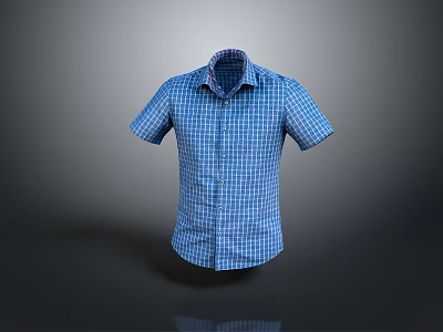 Blue Plaid Short Sleeve Shirt With Classic Collar And Button Front Design 3d model
