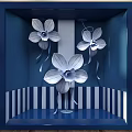 Creative Blue Window Display Design with White Paper Flowers and Striped Background 3d model