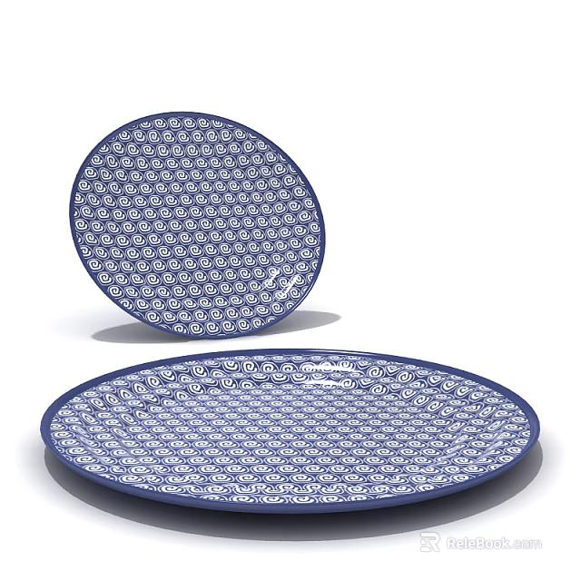 Blue And White Patterned Dinnerware Set With Round Ceramic Plates And Classic Style 3d model 