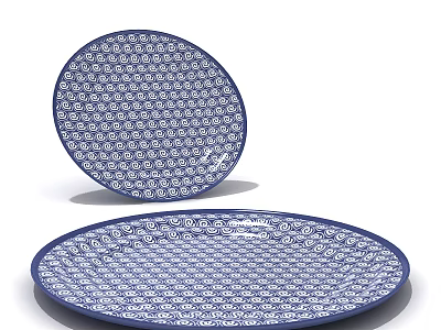 Blue And White Patterned Dinnerware Set With Round Ceramic Plates And Classic Style 3d model