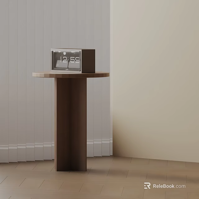 Natural Brown Wooden Side Table With Round Top And Column Base In Minimalist Interior 3d model 