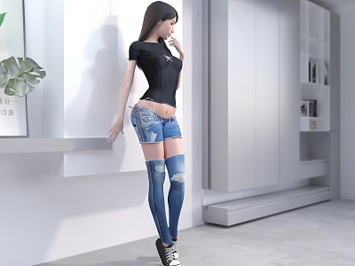 Woman Wearing Black T-shirt Denim Shorts And Blue Knee High Ripped Socks In Modern Interior 3d model