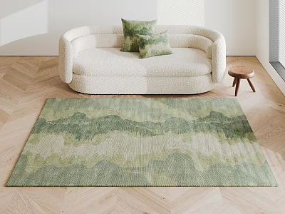 Square Area Rug With Green Light Green Mountain Wave Pattern On Wooden Floor With Sofa 3d model