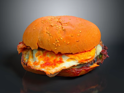 Tasty Hamburger With Sesame Bun Melted Cheese Fried Egg And Beef Patty 3d model