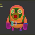 Game Movie Character Cartoon Style In Yellow Suit With Gas Mask Purple Eyes Red Gloves