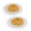 Delicious Spaghetti Served On White Plates With Red Toppings And Green Garnish