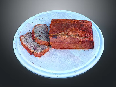 Freshly Baked Banana Bread with Slices on White Ceramic Plate 3d model