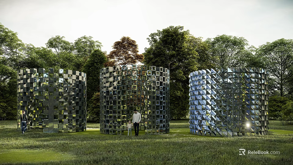 Three Metal Cubical Sculptures With Cylindrical Structure In Green Grassland With Trees 3d model 