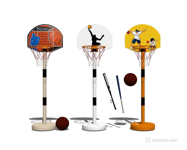 Colorful Basketball Hoop Sports Equipment With Multiple Designs Balls And Bats 3d model 