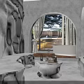 Cartoon Scene Featuring Arched Doorway Light Streaming Through Window Stone Seats Coffee Table and Plants