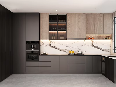 Modern Kitchen Interior Design With Dark Wooden Cabinetry Marble Countertop And Built In Appliances 3d model