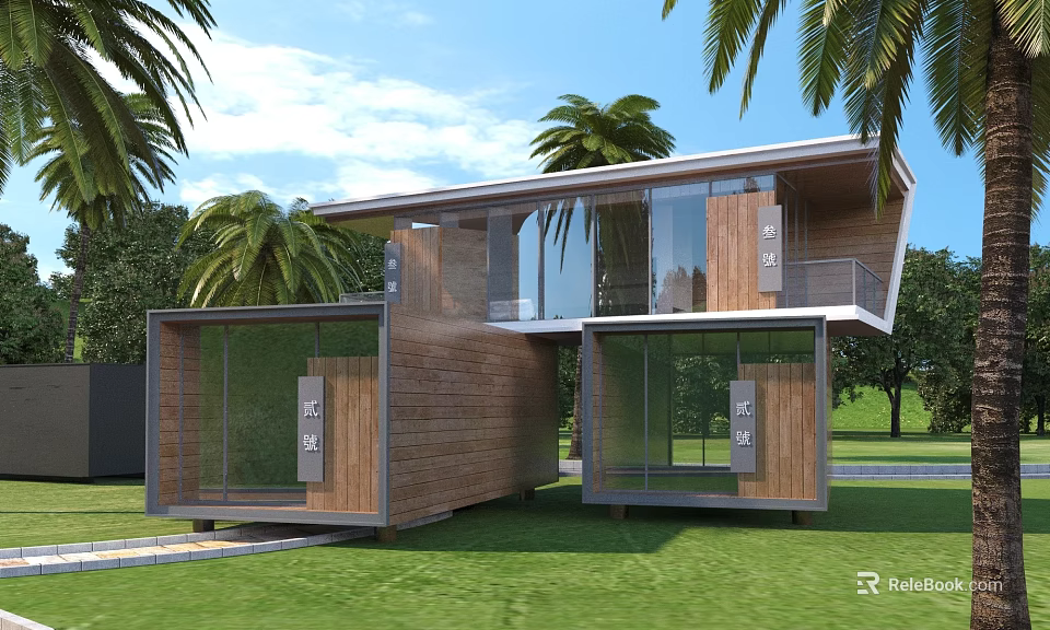 Aerial Planning for Modern Residence With Glass Wooden Structure Palm Trees and Grassland Surroundings 3d model 