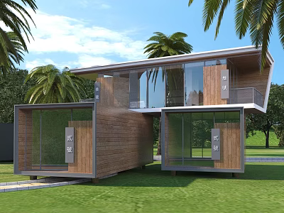 Aerial Planning for Modern Residence With Glass Wooden Structure Palm Trees and Grassland Surroundings 3d model
