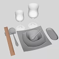 Modern Tableware Set With Stainless Steel Plates Spoons Glasses And Wooden Tray