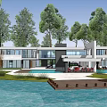 Single Family Villa With Modern Design Large Glass Windows Green Trees Water Reflection