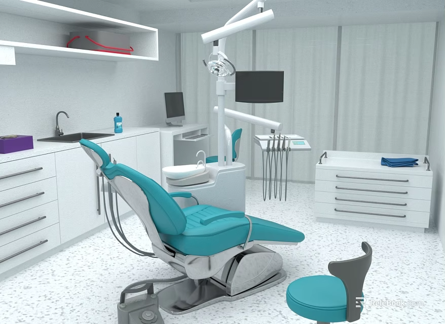 Modern Dental Clinic Interior With Blue Dental Chair White Cabinets Sink And Computer 3d model 