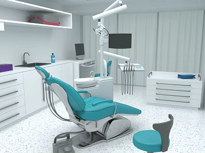 Modern Dental Clinic Interior With Blue Dental Chair White Cabinets Sink And Computer 3d model