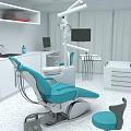 Modern Dental Clinic Interior With Blue Dental Chair White Cabinets Sink And Computer