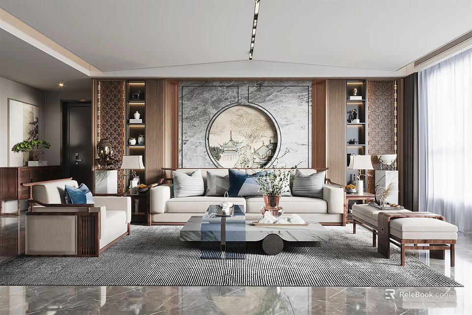 Chinese Style Living Room Interior Design With Circular Decorative Painting Sofa Coffee Table And Bookshelves 3d model 