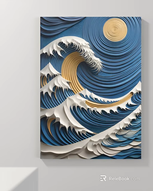 Layered Blue White And Golden Landscape Painting With Dynamic Waves Textured Design 3d model 