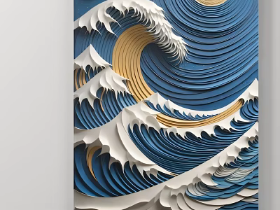 Layered Blue White And Golden Landscape Painting With Dynamic Waves Textured Design 3d model