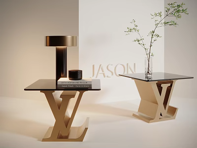 Modern Glass Top Side Table With Golden X Shaped Base And Decorative Plant 3d model