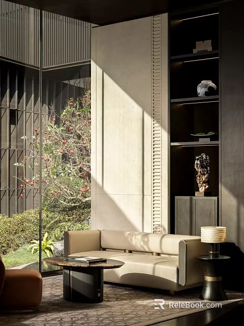 Elegant Modern Sales Office Interior With Sofa Art Decor And Green Plants 3d model 