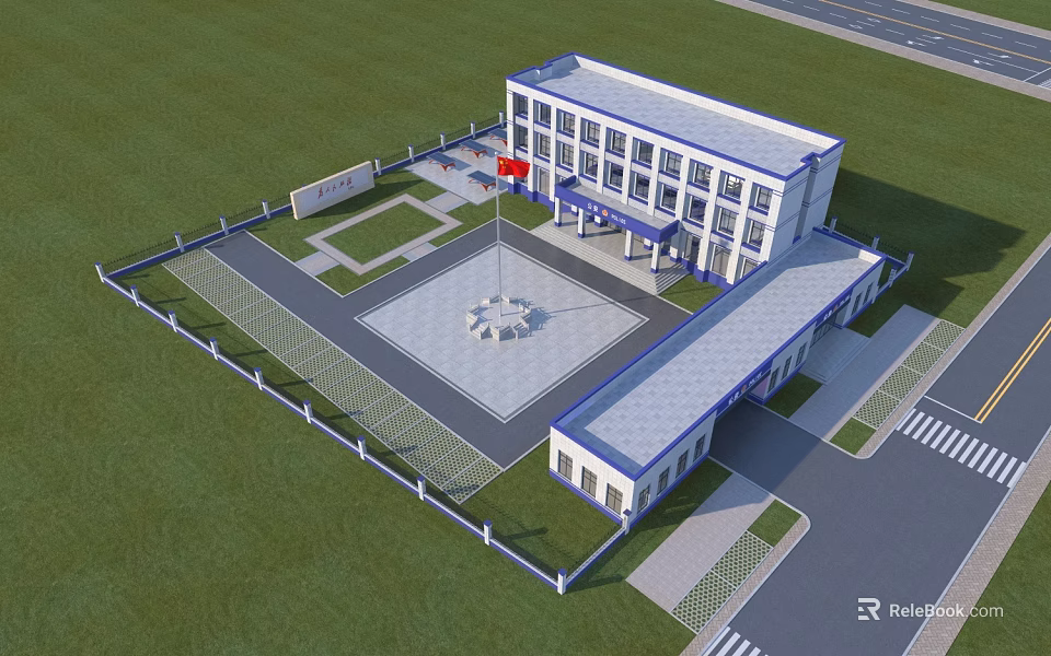 Aerial Planning of Modern Building Complex With Central Plaza National Flag and Green Lawn 3d model 