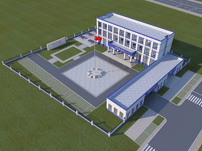 Aerial Planning of Modern Building Complex With Central Plaza National Flag and Green Lawn 3d model
