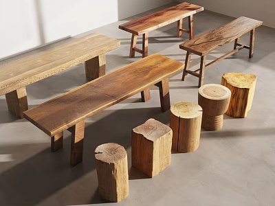 Natural Wood Benches and Stump Stools in Bright Modern Interior Space 3d model