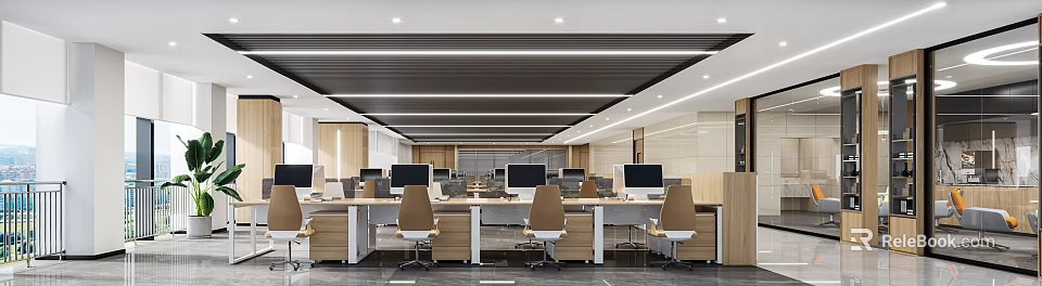 Modern Open Public Office Space Interior With Desks Computers Chairs Wooden Elements And Pendant Lights 3d model