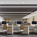 Modern Open Public Office Space Interior With Desks Computers Chairs Wooden Elements And Pendant Lights 3d model