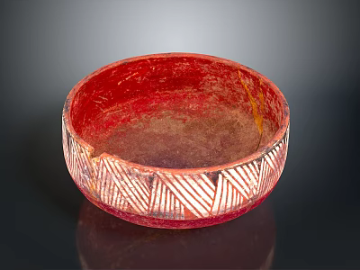 Vintage Red Ceramic Bowl with White Geometric Exterior Patterns and Red Interior 3d model