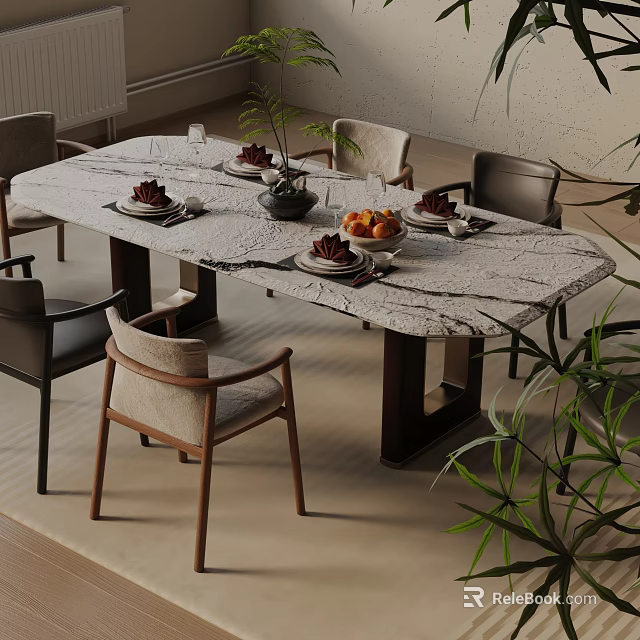 Modern Dining Table Set with Marble Top Wooden Chairs Place Settings Fruits and Decorative Plants 3d model 