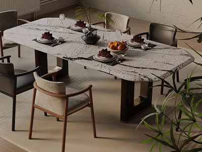 Modern Dining Table Set with Marble Top Wooden Chairs Place Settings Fruits and Decorative Plants 3d model