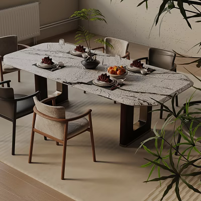 Modern Dining Table Set with Marble Top Wooden Chairs Place Settings Fruits and Decorative Plants 3d model