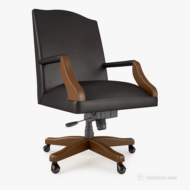 Modern Ergonomic Office Chair With Black Leather Upholstery Brown Armrests And Adjustable Casters 3d model 