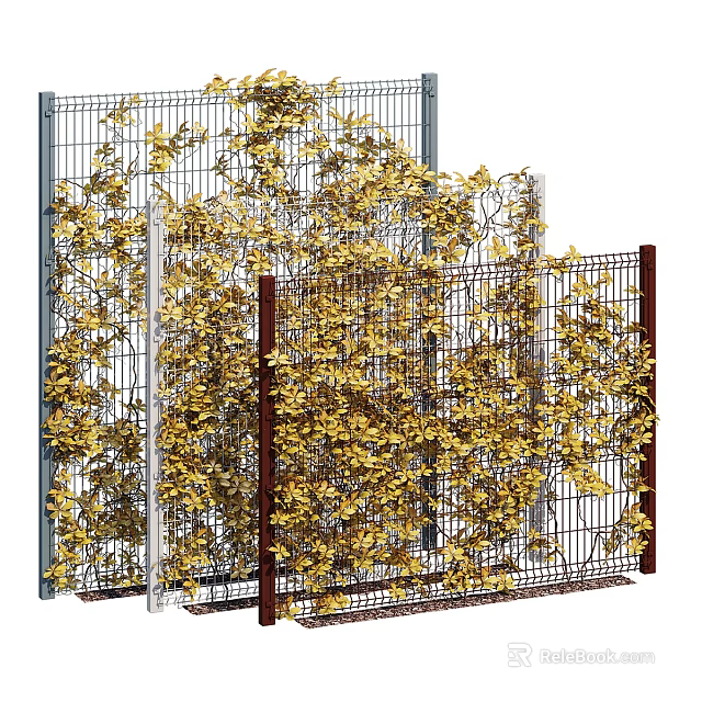 Lush Yellow Vines Covering Decorative Metal Fences With Brown And Gray Frames 3d model 