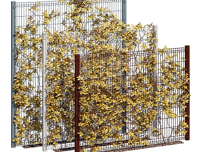 Lush Yellow Vines Covering Decorative Metal Fences With Brown And Gray Frames 3d model