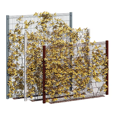 Lush Yellow Vines Covering Decorative Metal Fences With Brown And Gray Frames 3d model