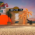 Beach Scene With Sunset Palm Trees Surfboards And BYD Signage