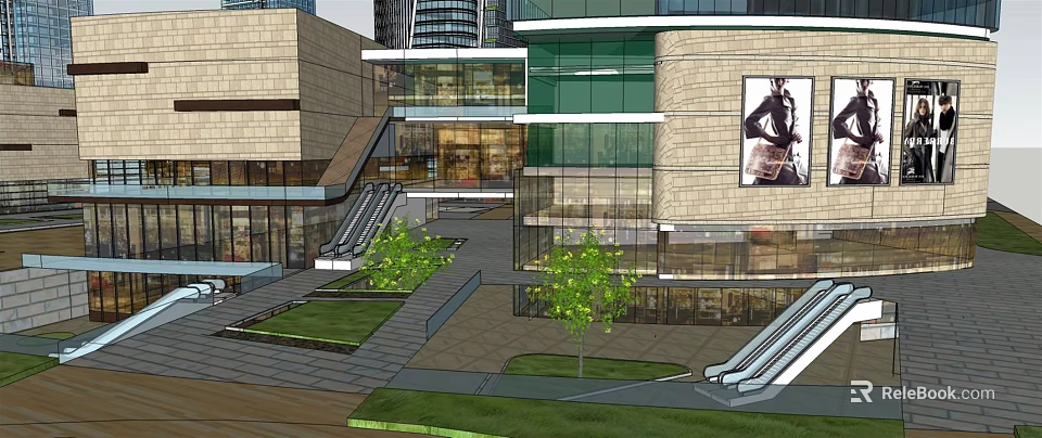 Modern Commercial Street Design With Glass Facades Green Plants And Escalators 3d model 