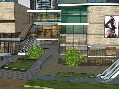 Modern Commercial Street Design With Glass Facades Green Plants And Escalators 3d model