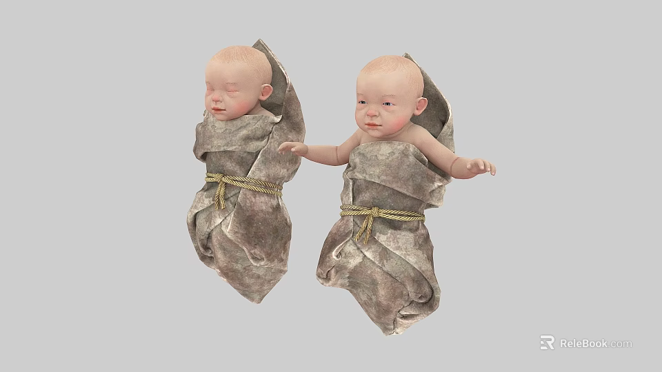 Game And Movie Characters Two Babies Wrapped In Gray Cloth With Rope 3d model 