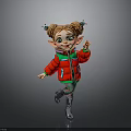 Cartoon Girl With Braided Pigtails Green Eyes Red Jacket Ice Skates Dancing On Gray Background