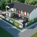 Traditional Chinese Style Detached Villa With Black Tiled Roof White Walls And Courtyard Garden