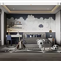 Playful Kids Bedroom Interior Design With Cloud Wallpaper Bed Stuffed Toys Desk And Soccer Ball